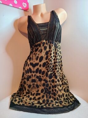 Cool Nights Soft Bamboo Leopard Print Lace Trim Babydoll Chemise Size M